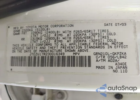 2003 Toyota 4Runner Limited V6 from USA, damaged, VIN JTEZU17R230016349